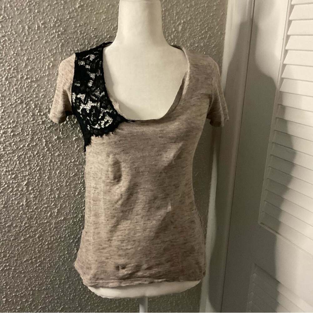 Zara Linen and Lace V Neck Tee S Minimalist Classic Casual Boho Coquette Girl